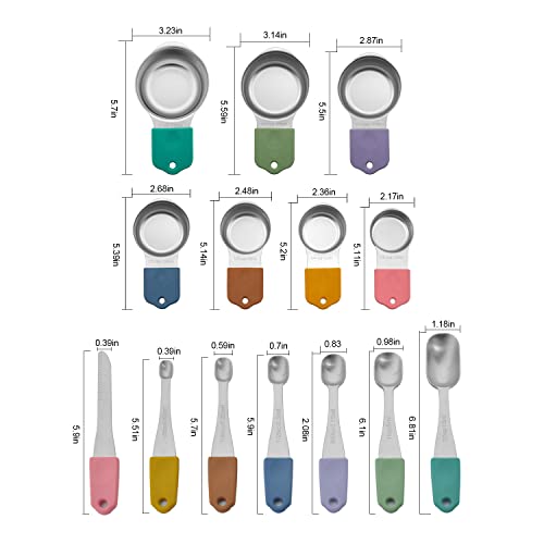  Agnetic Measuring Cups And Spoons Set, Stainless Steel Metal Stackable Nesting Measure Cups,Teaspoon, Tablespoon, 14 Pcs Silicone Handle Kitchen Cooking & Baking Tools, 7 Cups & 6 Spoons &1 Leveler