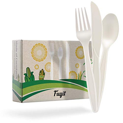  150 Count Compostable Cutlery Set, Disposable Biodegradable Utensils Eco-friendly Durable Cornstarch Flatware Includes 50 Forks, Knives & Spoons For Party, BBQ, Picnic & Potlucks (White)