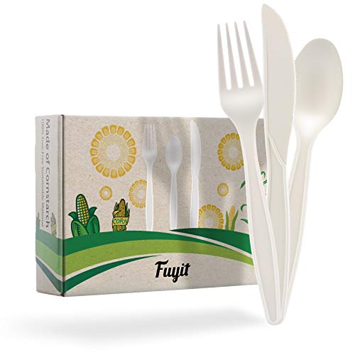  150 Count Compostable Cutlery Set, Disposable Biodegradable Utensils Eco-friendly Durable Cornstarch Flatware Includes 50 Forks, Knives & Spoons For Party, BBQ, Picnic & Potlucks (White)