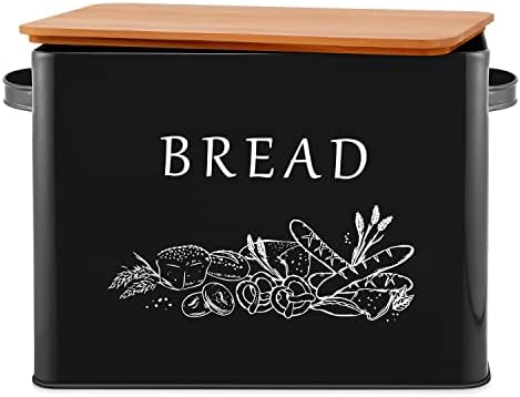  Bread Box For Kitchen Countertop, Metal Bread Storage Container Bin With Bamboo Lid For Cutting Bread, Extra Large & Farmhouse Style, 13” X 7.2” X9.8”, Black