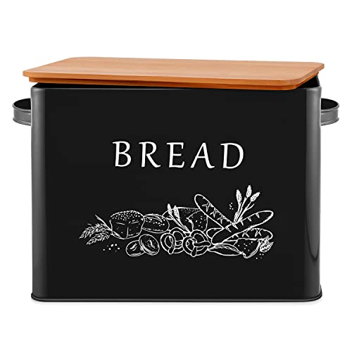  Bread Box For Kitchen Countertop, Metal Bread Storage Container Bin With Bamboo Lid For Cutting Bread, Extra Large & Farmhouse Style, 13” X 7.2” X9.8”, Black