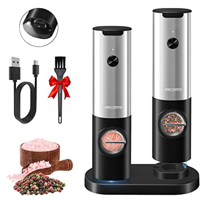  Electric Salt And Pepper Grinder Set With Rechargeable Base, One Hand Operation Automatic Salt And Pepper Grinder Set - White Light - Adjustable Coarseness Pepper Mill Grinders