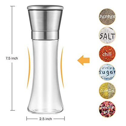 Salt And Pepper Shakers Grinders Refillable Stainless Steel, Adjustable Coarseness Mills Glass Material To Refill Sea Salt,Small Peppercorn,Black Pepper (single Package)