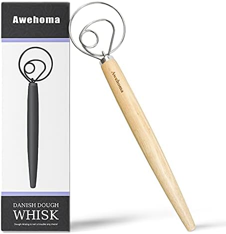  Danish Dough Whisk Large Hand Mixer - 2 Pack Large 13” Stainless Steel Wooden Danish Whisk With 2 Dough Scraper - Dutch Style Artisan Blender For Bread, Batter, Cake, Pastry - Gift For Bakers