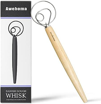  Danish Dough Whisk Large Hand Mixer - 2 Pack Large 13” Stainless Steel Wooden Danish Whisk With 2 Dough Scraper - Dutch Style Artisan Blender For Bread, Batter, Cake, Pastry - Gift For Bakers
