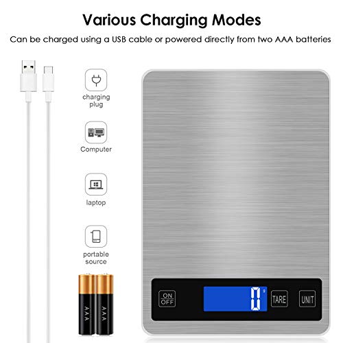  Digital Kitchen Scale 22lb/10kg Rechargeable Food Kitchen Scale With 0.04oz/1g Division, Touch Sensor, Back-Lit LCD, Stainless Steel Electric Cooking Scale With Tare & Auto Off Function (Silver)