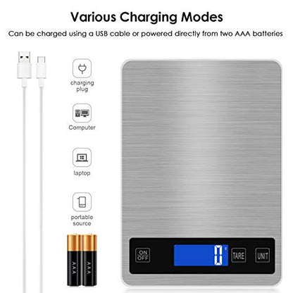  Digital Kitchen Scale 22lb/10kg Rechargeable Food Kitchen Scale With 0.04oz/1g Division, Touch Sensor, Back-Lit LCD, Stainless Steel Electric Cooking Scale With Tare & Auto Off Function (Silver)