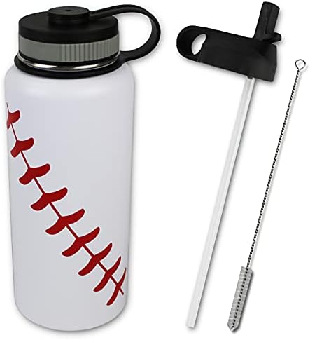  Water Bottle Baseball Softball Tumbler 32 Oz Gift For Mom Men Flask Sports Travel Waterbottle, Stainless Steel, Vacuum Insulated, Water Cold For 24, Hot For 12 Hours