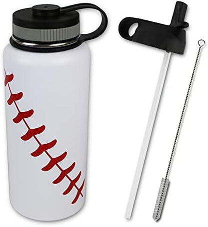 Water Bottle Baseball Softball Tumbler 32 Oz Gift For Mom Men Flask Sports Travel Waterbottle, Stainless Steel, Vacuum Insulated, Water Cold For 24, Hot For 12 Hours