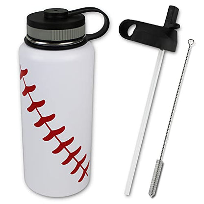  Water Bottle Baseball Softball Tumbler 32 Oz Gift For Mom Men Flask Sports Travel Waterbottle, Stainless Steel, Vacuum Insulated, Water Cold For 24, Hot For 12 Hours