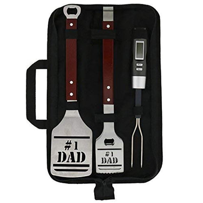  BBQ Grill Tools Set Gift For Dad, 4 Piece Set, Number 1 Dad Tongs, Spatula, Digital Thermometer And Case