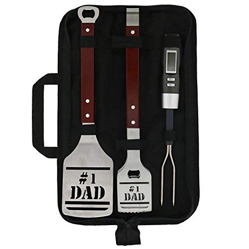  BBQ Grill Tools Set Gift For Dad, 4 Piece Set, Number 1 Dad Tongs, Spatula, Digital Thermometer And Case