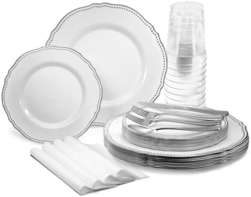  " OCCASIONS " 120 Plates Pack,(60 Guests) Heavyweight Premium Wedding Party Disposable Plastic Plates Set -60 X 10.25'' Dinner + 60 X 7.5'' Salad/Dessert (Rochelle Seafoam/Mint And Gold))