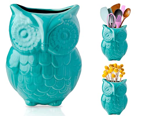  Comfify Owl Utensil Holder Decorative Ceramic Cookware Crock & Organizer, In Lovely Aqua Blue Color - Utensil Shaped Caddy And Perfect Kitchen Ceramic Décor Gift For Countertop - 5” X 7” X 4” Size