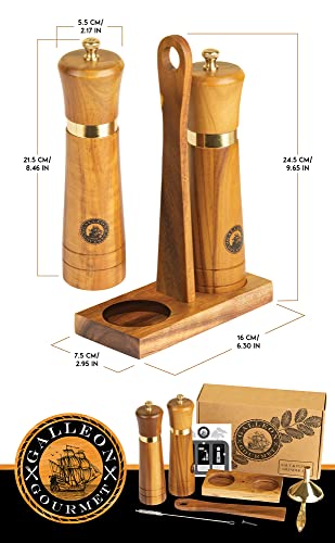  Wooden Salt And Pepper Grinder Set: Easy-Carry Stand, Refilling Funnel And Cleaning Brush: 8 Inch Acacia Wood Salt And Pepper Mills