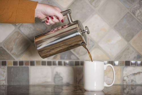  Perto Stainless Steel French Press Coffee Maker | 34 Ounce, Double Wall Insulated, Manual, Portable, Chrome Finish