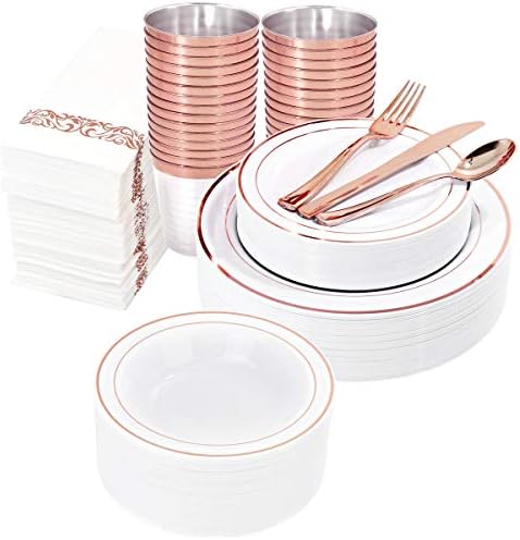  50 Guest Gold Plastic Plates With Disposable Cutlery& Gold Plastic Cups-Square Plastic Plates-Gold Plastic Utensils Set And Napkins For Wedding& Parties