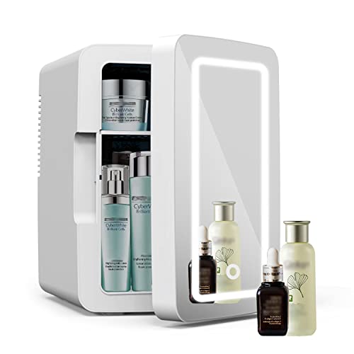  Mini Fridge 6L Capacity, Portable Small Refrigerator Cooler Or Warmer, AC DC Powered, Skincare Fridge With Mirror Door, For Food, Cosmetics, Home, Office And Car - White