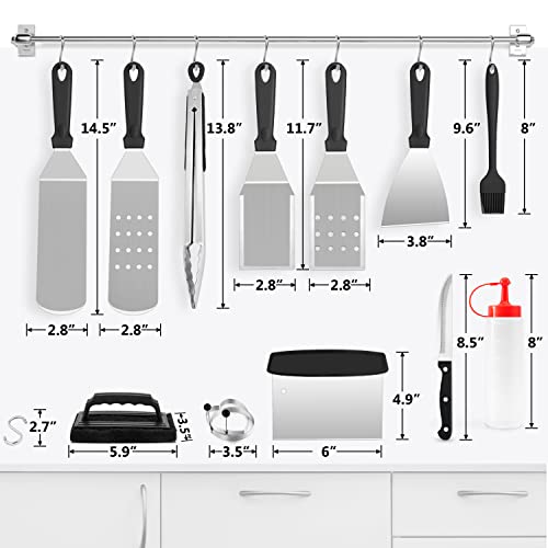  Griddle Accessories Kit Of 16, HaSteeL Stainless Steel Teppanyaki Tools For Flat Top Grill Hibachi Camping BBQ, Heavy Duty Metal Spatulas, Chopper, Steak Knives, Bottles, Carrying Bag, Easy To Clean
