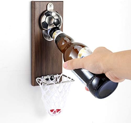  Magnetic Basketball Bottle Opener, Wooden Wall Mounted Opener With Cap Collector Catcher, Ideal Gift For Basketball And Beer Lovers, Use As Kitchen-Yard-Bar Decoration