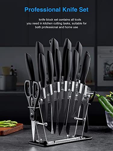 16 PCS High Carbon Stainless Steel Kitchen Knife Set, BO Oxidation, No Rust, Sharp Cutlery Black Knife Set With Acrylic Stand And Serrated Steak Knives,AB112