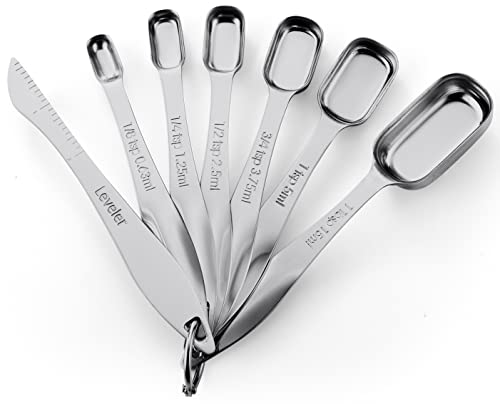  Heavy Duty Stainless Steel Metal Measuring Spoons For Dry Or Liquid, Fits In Spice Jar, Set Of 7 Including Leveler