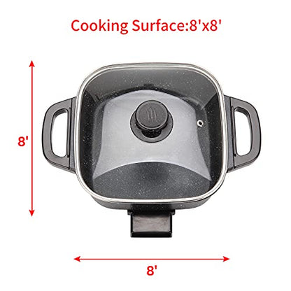  Aoran Small Skillet Electric Non-Stick Square,8 Inch Electric Frying Pan With Tempered Glass Vented Lid,Mini Personal Electric Skillet Indoor，Black,1000 Watts