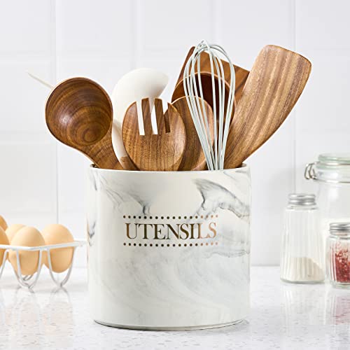  Kitchen Utensil Holder Large Utensil Holder For Countertop, Modern Ceramic Cooking Utensil Crock Heavy Spatula Holder, 6.7 Inches Gray Marble Utensils Organizer For Home Decor