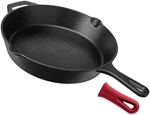  Ast Iron Skillet + Grill Press + Scraper Set - 10"-inch Pre-Seasoned Frying Pan + Silicone Handle Grip - 7" Round Burger Smasher - Indoor/Outdoor, Stove, Oven, Grill, Induction Safe Kitchen Cookware