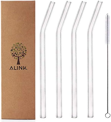  Glass Smoothie Straws, Reusable Clear Bent 9 In X 10 Mm Drinking Straws, Set Of 4 With Cleaning Brush