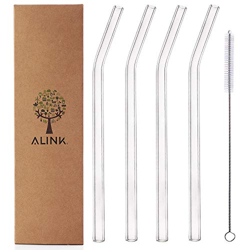  Glass Smoothie Straws, Reusable Clear Bent 9 In X 10 Mm Drinking Straws, Set Of 4 With Cleaning Brush