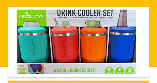  14 Oz. Vacuum Insulated Stainless Steel Drink Cooler, 4 Pack Built-in Bottle Opener Whit Non-Slip Base 4-in-1 Versatility Colors: Aqua-Red-Orange-Blue (ART1614168)