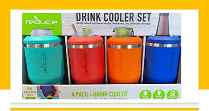  14 Oz. Vacuum Insulated Stainless Steel Drink Cooler, 4 Pack Built-in Bottle Opener Whit Non-Slip Base 4-in-1 Versatility Colors: Aqua-Red-Orange-Blue (ART1614168)