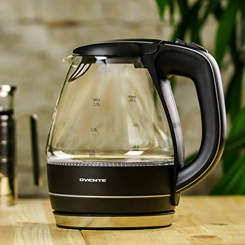  Vente Portable Electric Glass Kettle 1.5 Liter With Blue LED Light And Stainless Steel Base, Fast Heating Countertop Tea Maker Hot Water Boiler With Auto Shut-Off & Boil Dry Protection (Black)