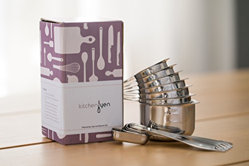  Measuring Cups And Spoons Set By Kitchen Yen - 7 Nesting Cups, 6 Stackable Narrow Spoons - Coffee Scoop - Engraved Measurements For Dry/Liquid Ingredients - Heavy Duty Professional 304 Stainless Steel