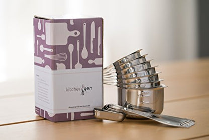  Measuring Cups And Spoons Set By Kitchen Yen - 7 Nesting Cups, 6 Stackable Narrow Spoons - Coffee Scoop - Engraved Measurements For Dry/Liquid Ingredients - Heavy Duty Professional 304 Stainless Steel