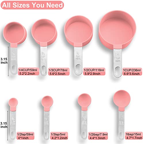  Measuring Cups And Spoons Set, 8 Pieces Measuring Cups And Measuring Spoons With Stackable Stainless Steel Handle Measure Dry Or Liquid Ingredients Measuring Set For Kitchen Cooking And Baking (Pink)