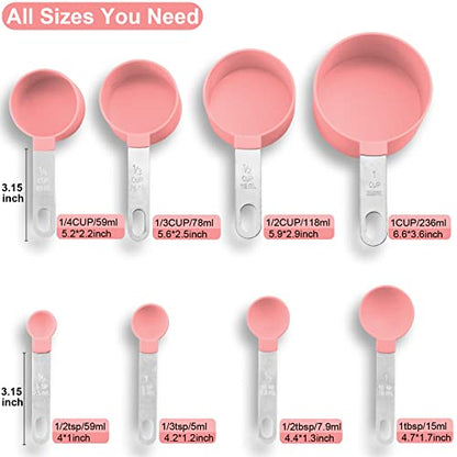  Measuring Cups And Spoons Set, 8 Pieces Measuring Cups And Measuring Spoons With Stackable Stainless Steel Handle Measure Dry Or Liquid Ingredients Measuring Set For Kitchen Cooking And Baking (Pink)