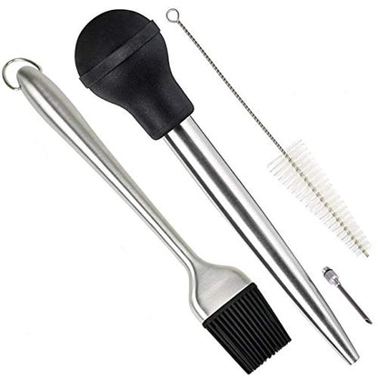  Home Servz Deluxe 304 Stainless Steel Turkey Baster Syringe Injector Needle With Cleaning Brush & Heavy Duty 12 Inch Stainless Steel Handle Silicone BBQ Basting Brush