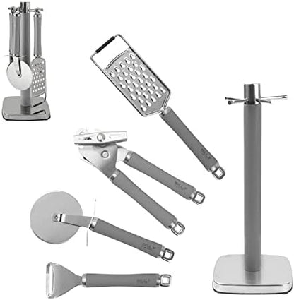  Tainless Steel Kitchen Gadget Set,5PCS Kitchen Accessories With Pizza Cutter, Can Opener, Y Peeler, Grater And Gadgets Holder