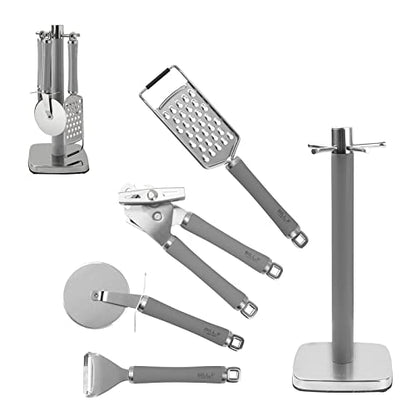  Tainless Steel Kitchen Gadget Set,5PCS Kitchen Accessories With Pizza Cutter, Can Opener, Y Peeler, Grater And Gadgets Holder