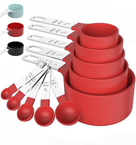  Measuring Cups & Spoons Set, Stackable Cups And Spoons, Nesting Measure Cups With Stainless Steel Handle, Kitchen Gadgets For Cooking & Baking (5+5, Red)