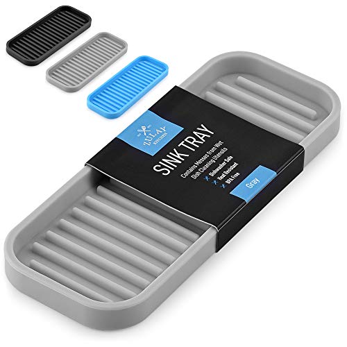  (9x3.5) Silicone Sponge Holder For Kitchen Sink - Flexible Multipurpose Kitchen Soap Tray Sponge Holder - Sink Organizer Tray For Kitchen, Bathroom, Makeup, Trinkets & More (Gray)