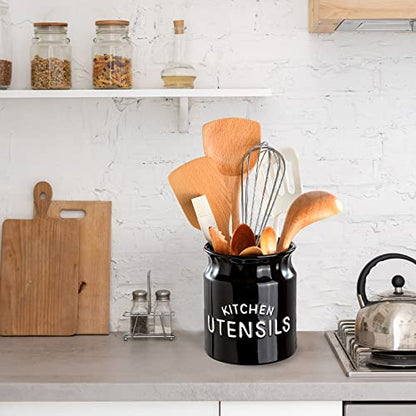  Karisky Utensil Holder, 6.5" Large Kitchen Utensil Holder For Kitchen Counter, Ceramic Cooking Utensil Crock, Decorative Utensil Caddy Organizer For Modern Farmhouse Kitchen Decor, Black