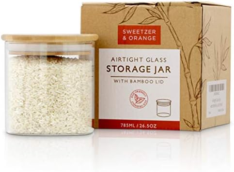  Glass Container With Lid, Bamboo Top (2.2 L) - Dry Food Storage Pasta Container Kitchen Canister For Bow Tie Pasta, Spaghetti, Macaroni, Rotini, Egg Noodles, Cookies, Candy, Flour