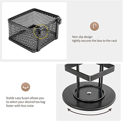  Tea Bag Organizer Storage Holder 360-Degrees Spinning Carousel, 8 Compartments, TeaBags Display Rack With Lazy Susan Platform For Kitchen Home Office Coffee Bar Station Pantry Counter -Black