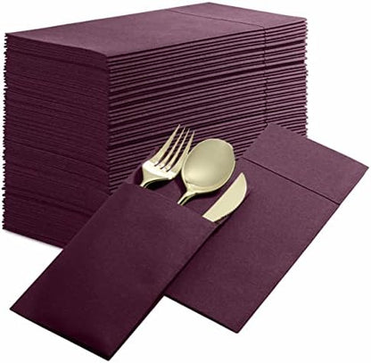  Disposable Linen-Feel Dinner Napkins With Built-in Flatware Pocket, 50-Pack BLACK Prefolded Cloth Like Paper Napkins For Dinner, Wedding Or Party