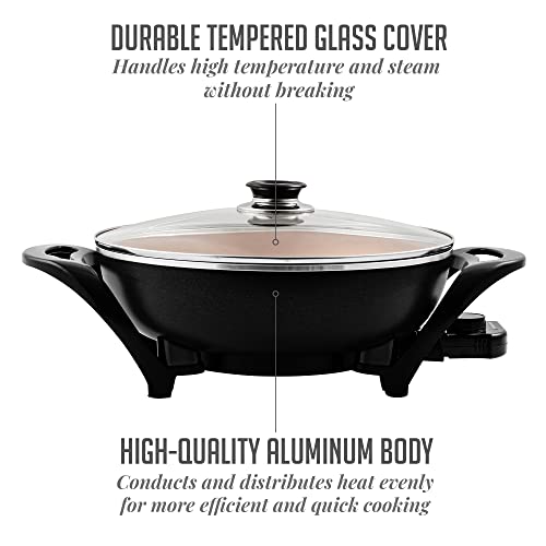 Vente Electric Skillet With Nonstick Coating And Glass Lid, 13 Inch Portable Kitchen Countertop Cooking Wok, Adjustable Temperature Control, Cool Touch Handle, Easy To Use And Clean, Copper SK3113CO