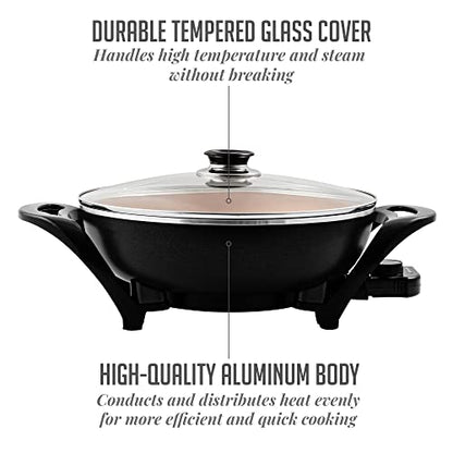  Vente Electric Skillet With Nonstick Coating And Glass Lid, 13 Inch Portable Kitchen Countertop Cooking Wok, Adjustable Temperature Control, Cool Touch Handle, Easy To Use And Clean, Copper SK3113CO