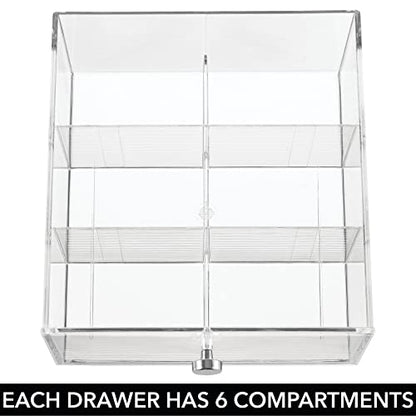  MDesign Plastic Wide Kitchen Pantry, Cabinet, Countertop Organizer Storage Station With 3 Drawers For Coffee, Tea, Sugar Packets, Sweeteners, Creamers, Drink Pods, Packets; 18 Sections - Clear